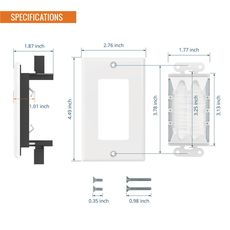 Tecmojo Brush Wall Plate, Cable Pass Through Insert with Low Voltage Mounting Bracket, Smart Cable Catcher Design, White, 2 Pack