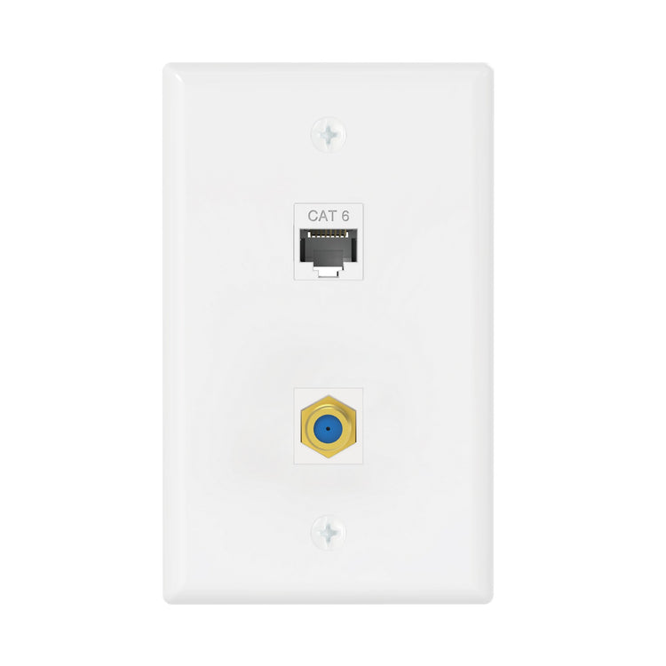 Tecmojo Ethernet Coax Wall Plate (UL Listed), 2 Port Cat6 Keystone Coupler and 3GHz Gold Plated Coax Keystone Jack Insert Wall Plate, White