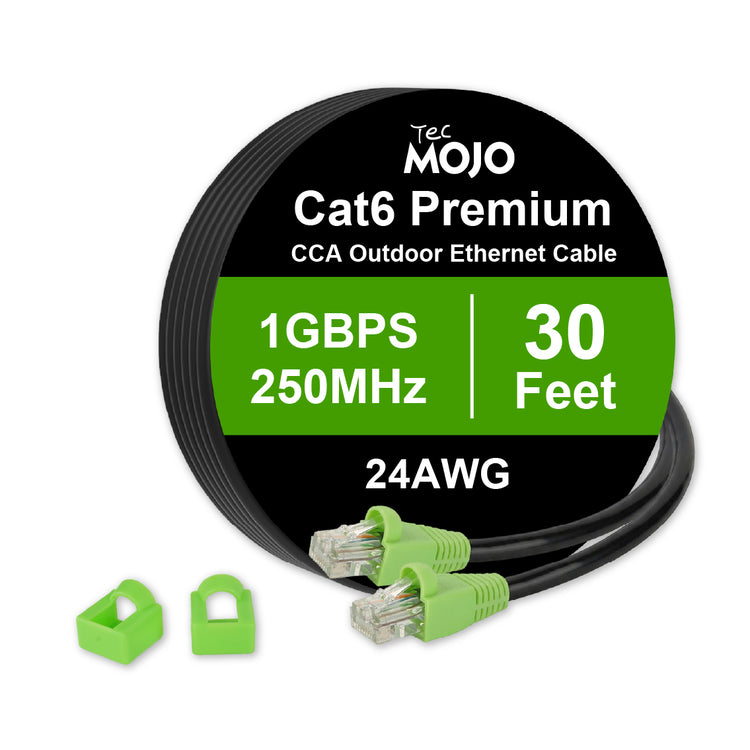 Tecmojo Cat6 Ethernet Cable 30ft, 24AWG Waterproof Direct Burial Outdoor Cat6 Cable, LLDPE(PE) UV-Resistant Jacket CCA UTP Network Cable for Router, Modem, Xbox, Laptop, Servers, Black