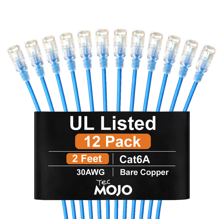 Tecmojo UL Listed Ultra-Slim Cat6a 2ft Ethernet Patch Cable, 30AWG 100% Pure Copper, 10Gbps 550MHz Network Cable for Router, Modem, Xbox, Laptop, Servers, 12-Pack, Blue