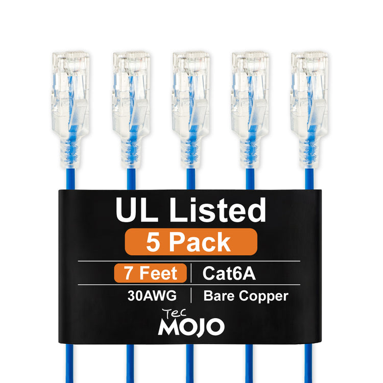 Tecmojo UL Listed Ultra-Slim Cat6a 7ft Ethernet Patch Cable, 30AWG 100% Pure Copper, 10Gbps 550MHz Network Cable for Router, Modem, Xbox, Laptop, Servers, 5-Pack, Blue