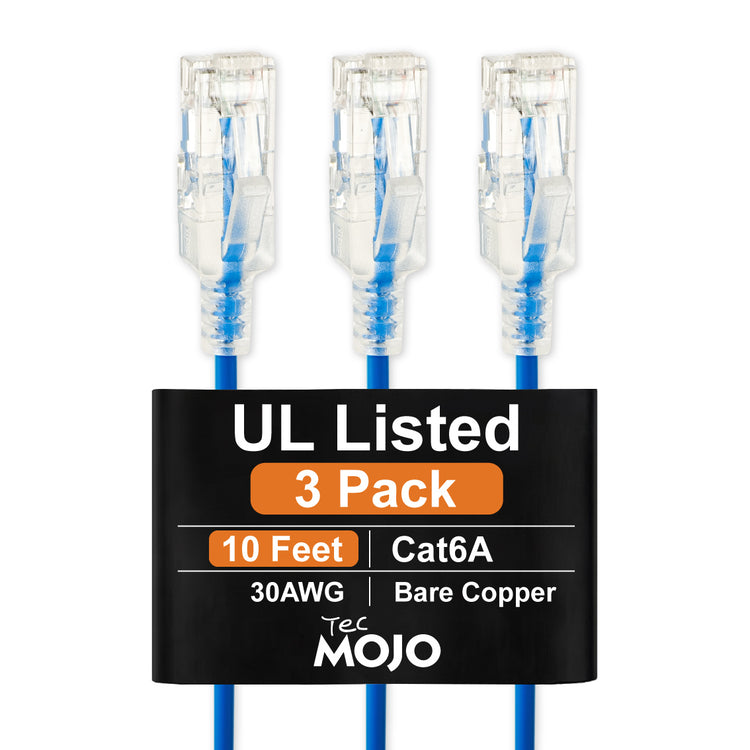 Tecmojo UL Listed Ultra-Slim Cat6a 10ft Ethernet Patch Cable, 30AWG 100% Pure Copper, 10Gbps 550MHz Network Cable for Router, Modem, Xbox, Laptop, Servers, 3-Pack, Blue