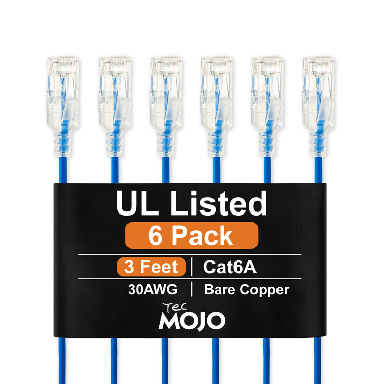 Tecmojo UL Listed Ultra-Slim Cat6a 3ft Ethernet Patch Cable, 30AWG 100% Pure Copper, 10Gbps 550MHz Network Cable for Router, Modem, Xbox, Laptop, Servers, 6-Pack, Blue