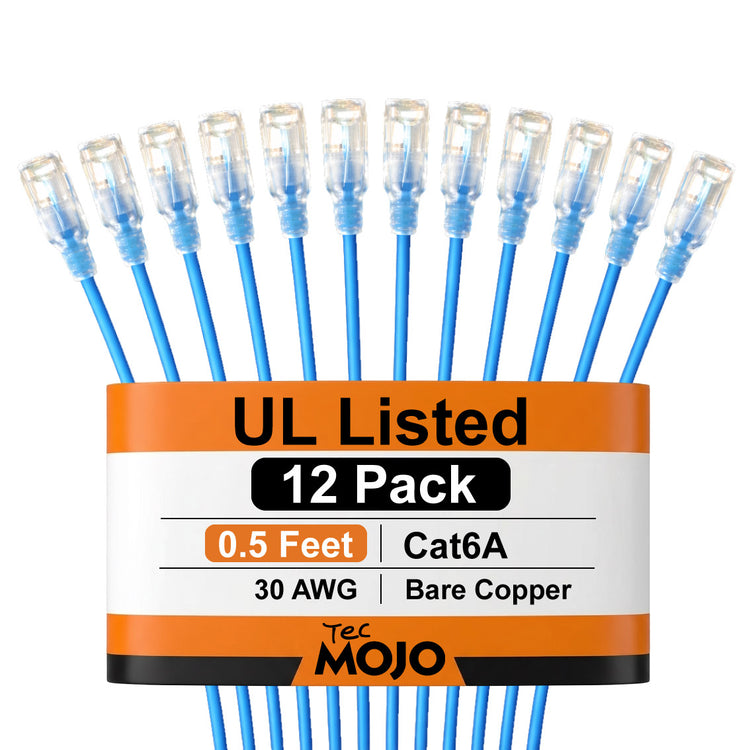 Tecmojo UL Listed Ultra-Slim Cat6a 0.5ft Ethernet Patch Cable, 30AWG 100% Pure Copper, 10Gbps 550MHz Network Cable for Router, Modem, Xbox, Laptop, Servers, 12-Pack, Blue