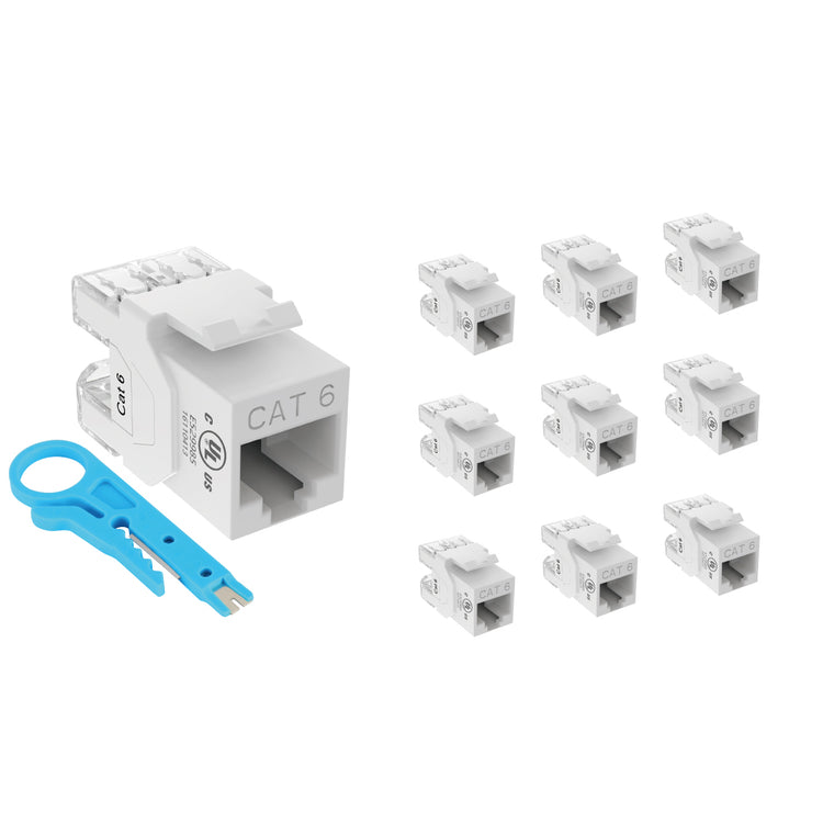Tecmojo UL Listed 1000 Mbps Cat6 Keystone Jack Insert 10 -Pack, 180 Degree Punch Down RJ45 Keystone Jack Adapter Slim Profile for Patch Panel & Wall Plate, White