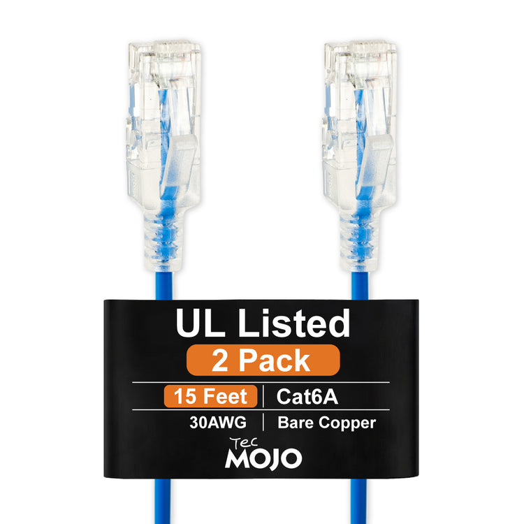 Tecmojo UL Listed Ultra-Slim Cat6a 15ft Ethernet Patch Cable, 30AWG 100% Pure Copper, 10Gbps 550MHz Network Cable for Router, Modem, Xbox, Laptop, Servers, 2-Pack, Blue