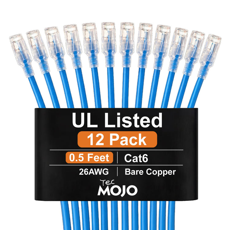 Tecmojo UL Listed Cat6 0.5ft Ethernet Patch Cable, 26AWG 100% Pure Copper Conductors, Cat6 Network Cable, Snagless RJ45 for Router, Modem, Xbox, Laptop, Servers, 12-Pack, Blue