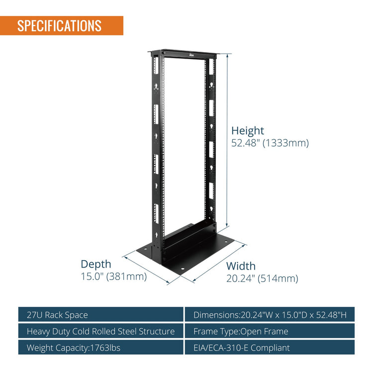 Tecmojo 27U  Server Rack  2 Post Open Frame Rack for 19 in Equipment（Square hole）