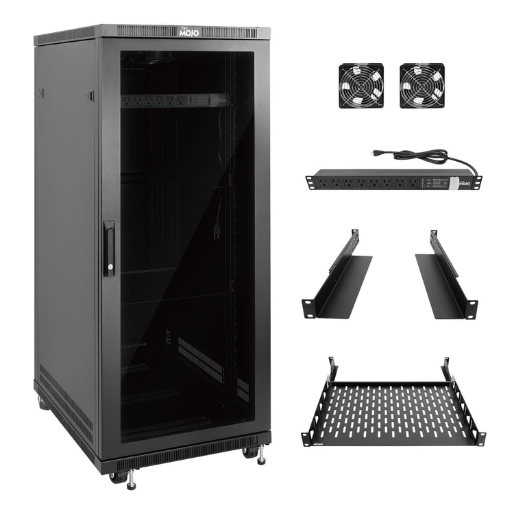 Tecmojo 27U Network Cabinet 31.5 Inch Depth Glass Door with Casters-1800lbs Weight Capacity for Small Data Center