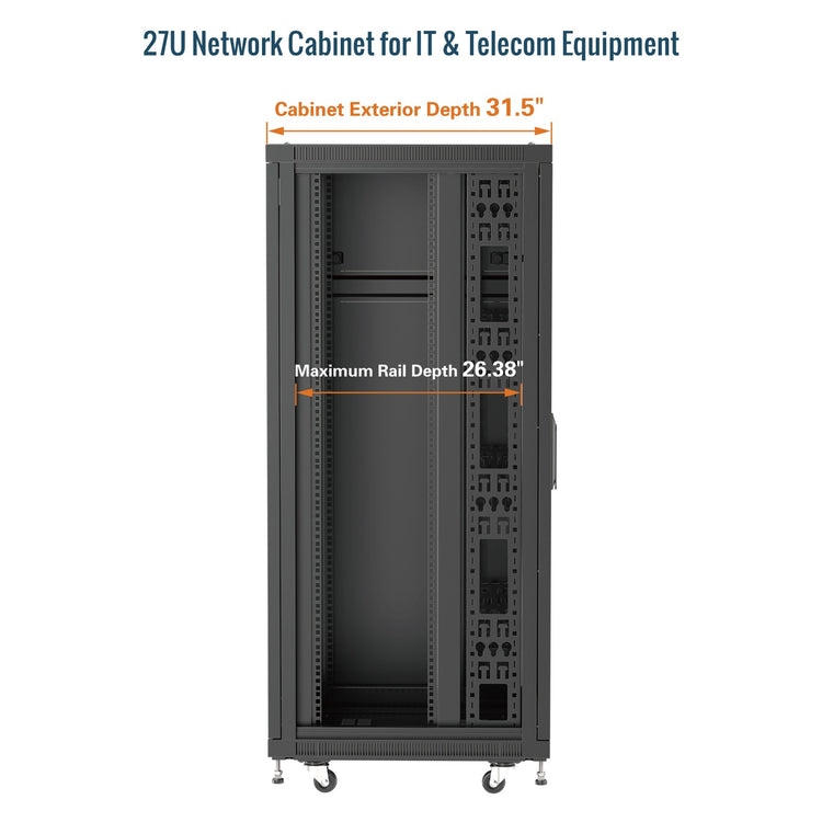 Tecmojo 27U Network Cabinet 31.5 Inch Depth Glass Door with Casters-1800lbs Weight Capacity for Small Data Center