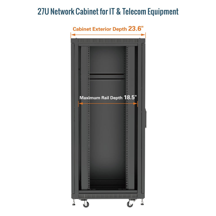 Tecmojo 27U Network Cabinet 23.6 Inch Depth Mesh Door with Casters-1800lbs Weight Capacity for Small Data Center