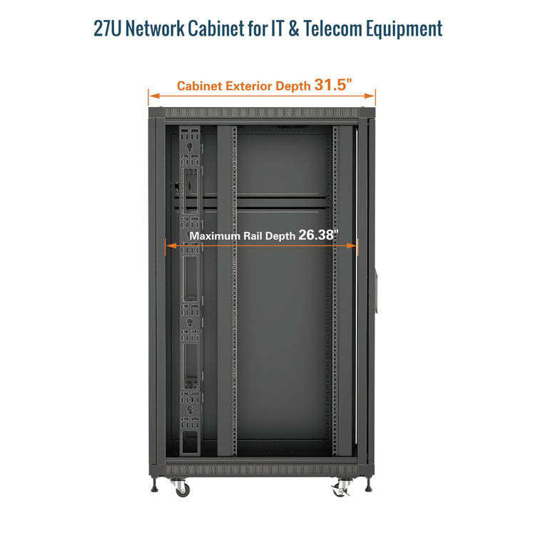 Tecmojo 27U Network Cabinet 31.5 Inch Depth Mesh Door with Casters-1800lbs Weight Capacity for Small Data Center