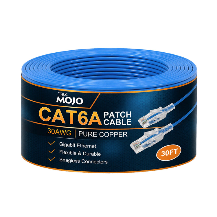 Tecmojo UL Listed Ultra-Slim Cat6a 30ft Ethernet Patch Cable, 30AWG 100% Pure Copper, 10Gbps 550MHz Network Cable for Router, Modem, Xbox, Laptop, Servers, Blue