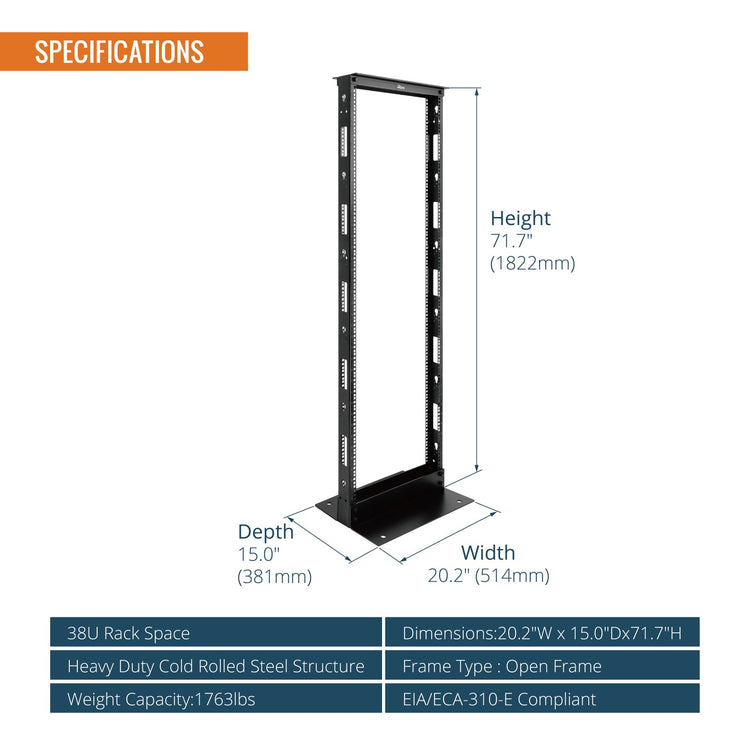 Tecmojo 38U  Server Rack  2 Post Open Frame Rack for 19 in Equipment（square hole）