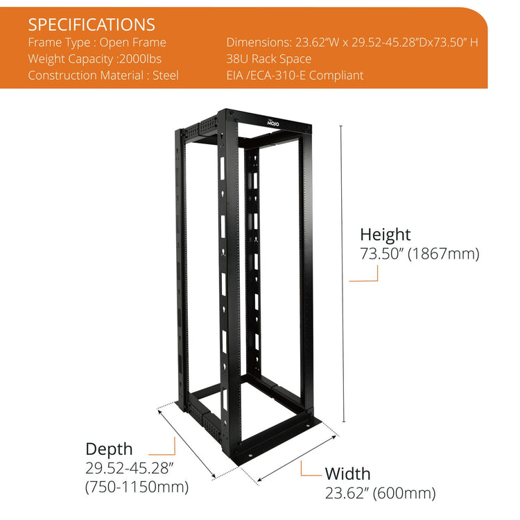 Tecmojo 38U  4 Post Adjustable Depth Open Frame Rack for 19in Equipment（tapped hole）