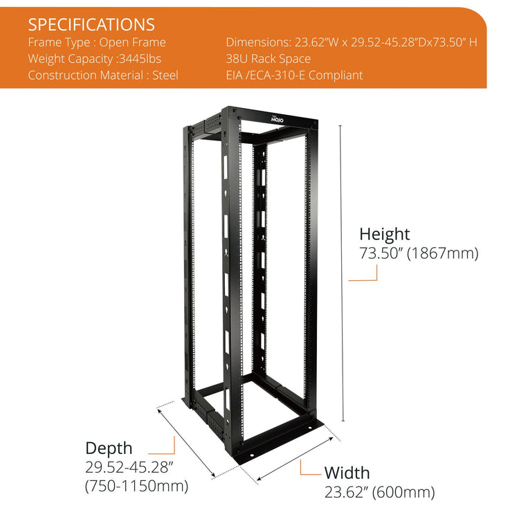 Tecmojo 38U  4 Post Adjustable Depth Open Frame Rack for 19in Equipment（square hole）