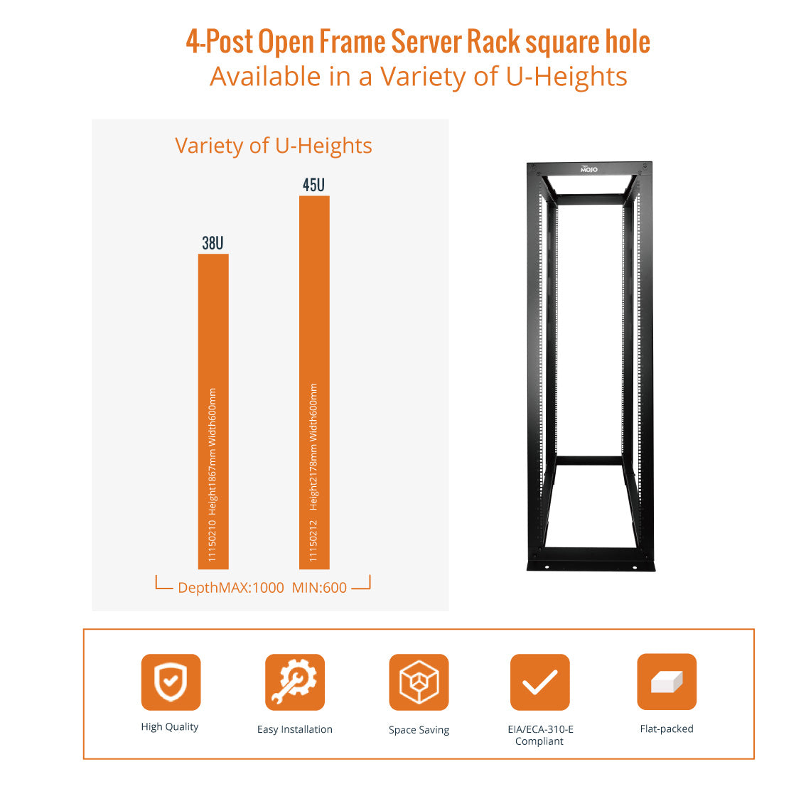 38u Standing Rack Tecmojo 38U 4 Post Adjustable Depth Open Frame Rack for 19in Equipment
