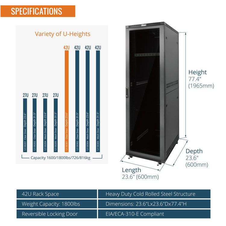 Tecmojo 42U 23.6 Inch Depth Glass Door Server Cabinet with Casters-1800lbs Weight Capacity