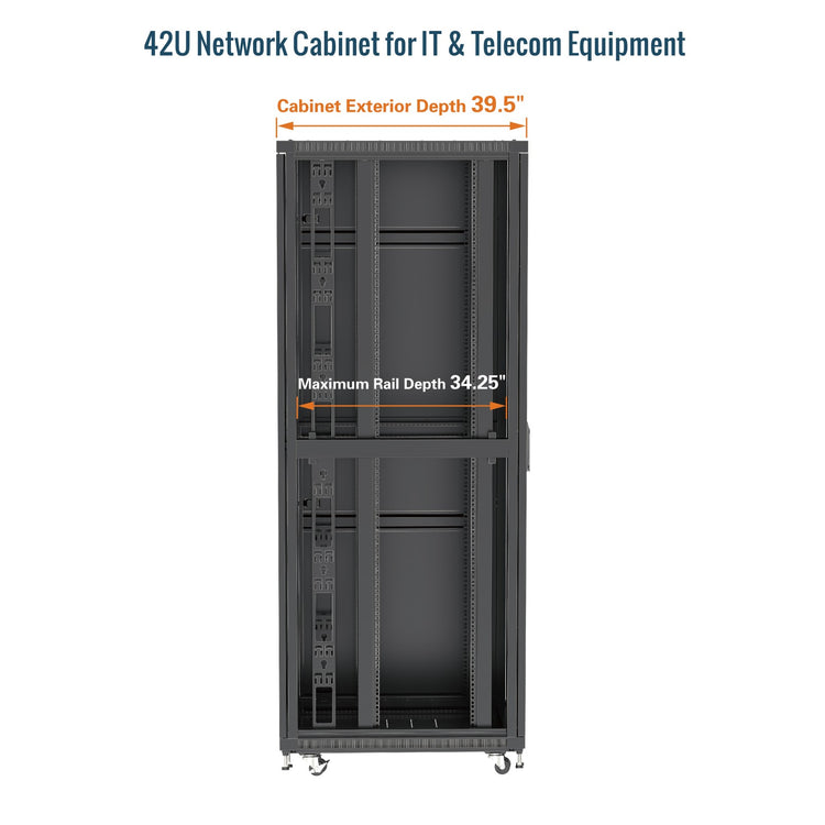Tecmojo 42U 39.4 Inch Depth Glass Door Server Cabinet with Casters-1800lbs Weight Capacity