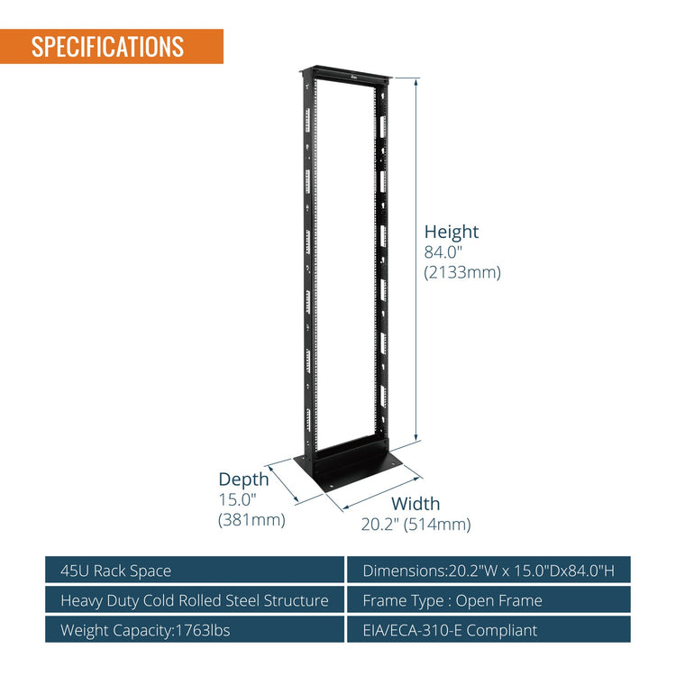 Tecmojo 45U  Server Rack  2 Post Open Frame Rack for 19 in Equipment（square hole）