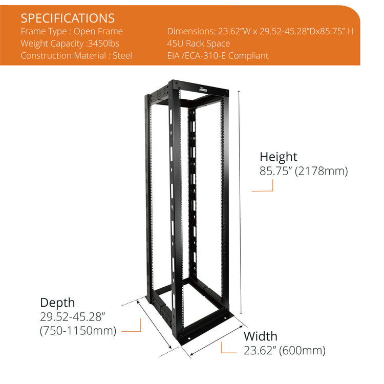Tecmojo 45U   4 Post Adjustable Depth Open Frame Rack for 19 in Equipment（square hole）