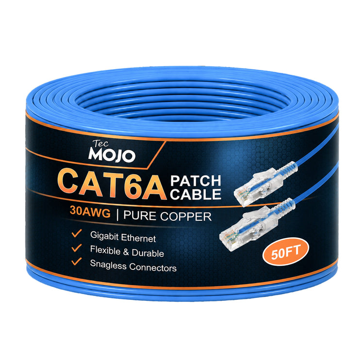 Tecmojo UL Listed Ultra-Slim Cat6a 50ft Ethernet Patch Cable, 30AWG 100% Pure Copper, 10Gbps 550MHz Network Cable for Router, Modem, Xbox, Laptop, Servers, Blue
