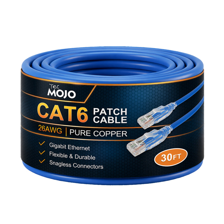 Tecmojo UL Listed Cat6 30ft Ethernet Patch Cable, 26AWG 100% Pure Copper Conductors, Cat6 Network Cable, Snagless RJ45 for Router, Modem, Xbox, Laptop, Servers, Blue