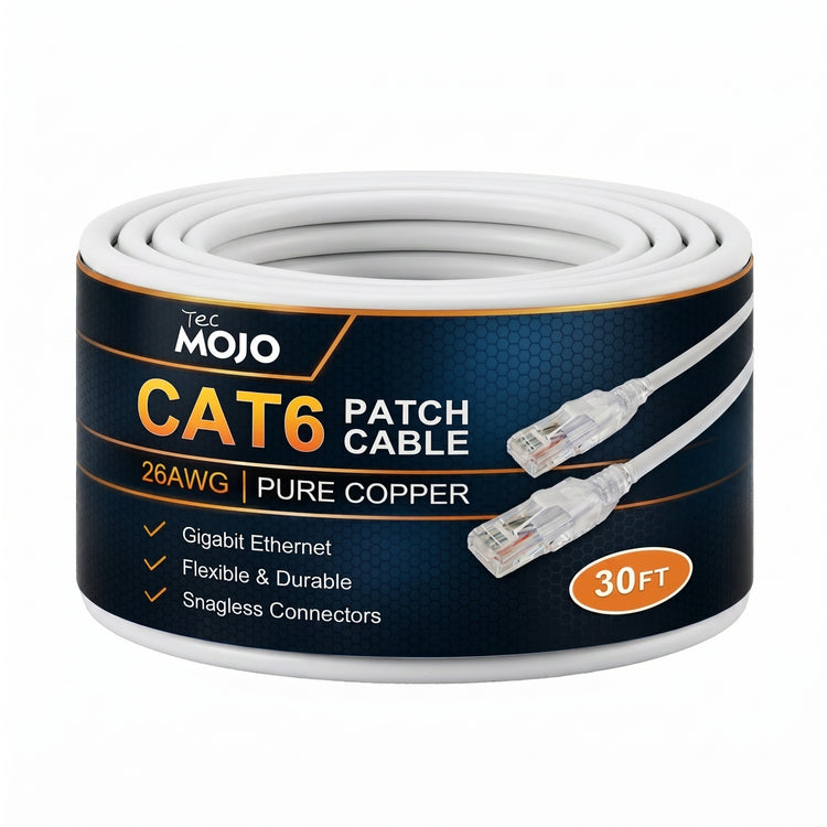 Tecmojo UL Listed Cat6 30ft Ethernet Patch Cable, 26AWG 100% Pure Copper Conductors, Cat6 Network Cable, Snagless RJ45 for Router, Modem, Xbox, Laptop, Servers, White