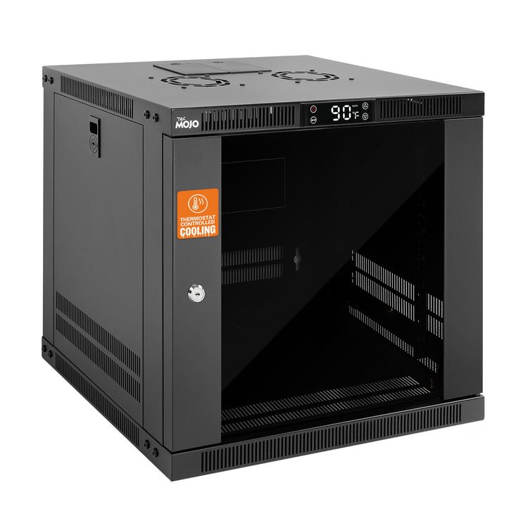 Tecmojo 9U Wall Mount Rack with Thermostat, 17.7inch Depth Enclosed Server Cabinet with 2 Cooling Fans,Lockable Door & Hardware,9U Rack for 19inch Equipments,Glass Door