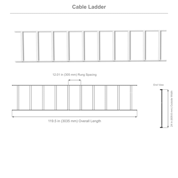 Cable Runway, 10 ft L × 24 in W × 1.5 in H, 12 in cross-member spacing, White