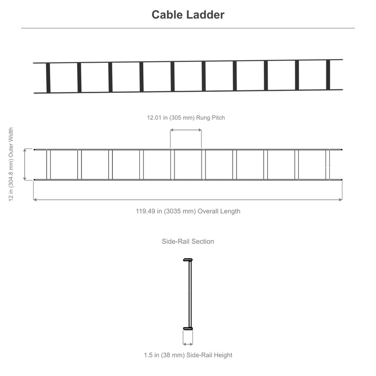 Cable Runway, 10 ft L × 12 in W × 1.5 in H, 12 in cross-member spacing, Black