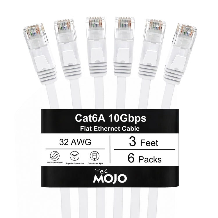 Flat Patch Cable RJ45 32AWG Cat6A UTP PVC 3FT White 6PCS