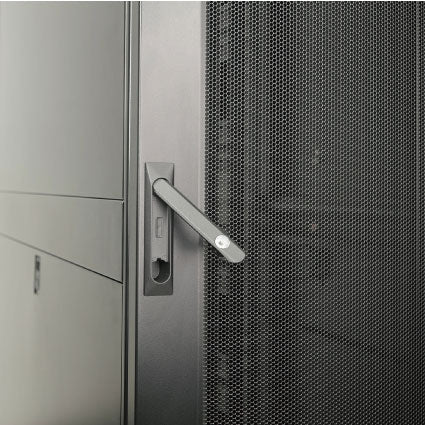 Close-up of the lockable front door handle on a Tecmojo server cabinet