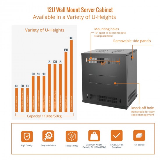 Tecmojo Standard 12U 450mm Depth Wall-mount Cabinet Glass Door Black Flat Pack