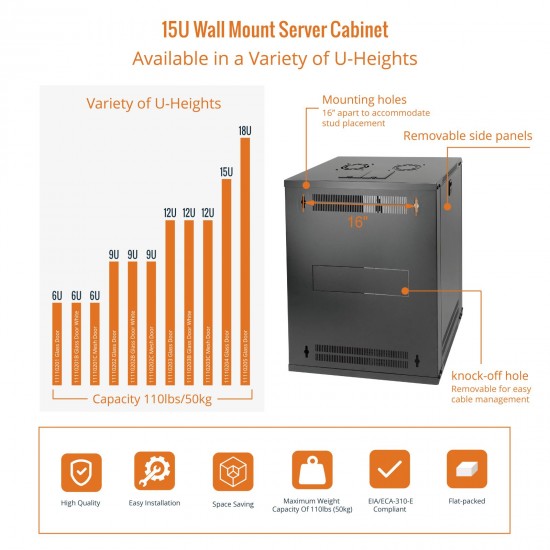 Standard 15U 450mm Depth  Wall-mount Cabinet Glass Door Black Flat Pack
