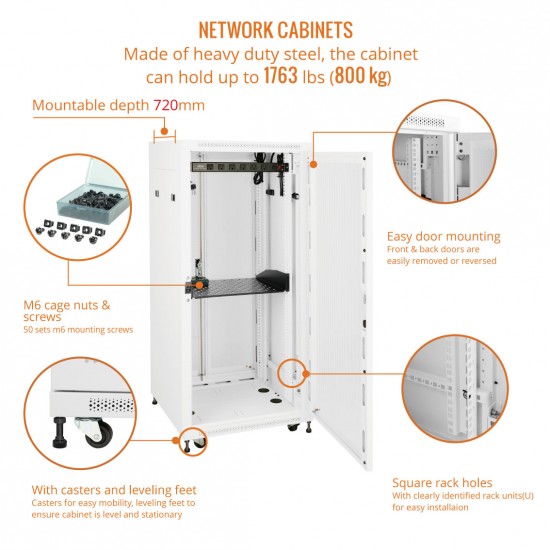 Tecmojo 27U 600*800 Network Cabinet, front mesh & back double mesh（DB-white）