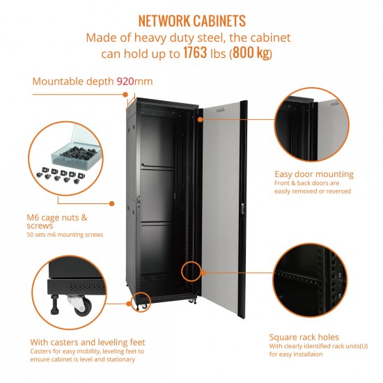 Fully Assembled 42U Network Cabinet AV Rack 1000mm DEEP black 4 Post Server Equipment Rack Enclosure with Casters/Locking Glass Doors