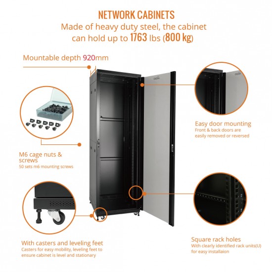 Tecmojo 42U 600*1000 Network Cabinet, front glass & back solid（DB-black）