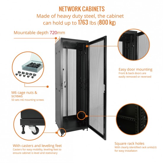 Fully Assembled 42U Network Cabinet AV Rack 800mm DEEP black 4 Post Server Equipment Rack Enclosure with Casters/Locking Mesh Doors