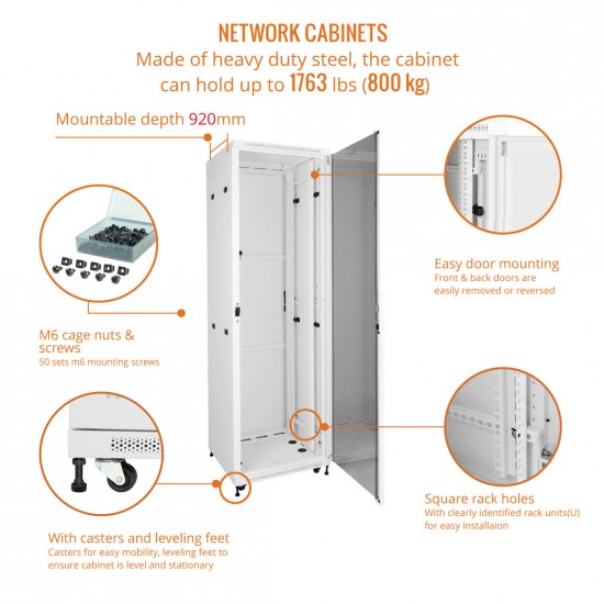 Fully Assembled 42U Network Cabinet AV Rack 1000mm DEEP white 4 Post Server Equipment Rack Enclosure with Casters/Locking Glass Doors