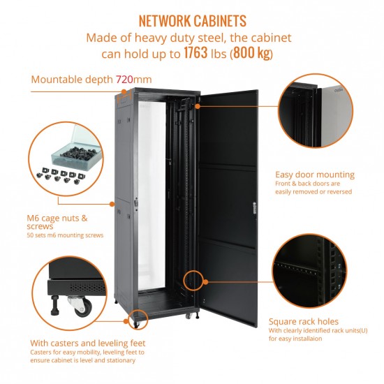 Fully Assembled 42U Network Cabinet AV Rack 800mm DEEP black 4 Post Server Equipment Rack Enclosure with Casters/Locking Glass Doors