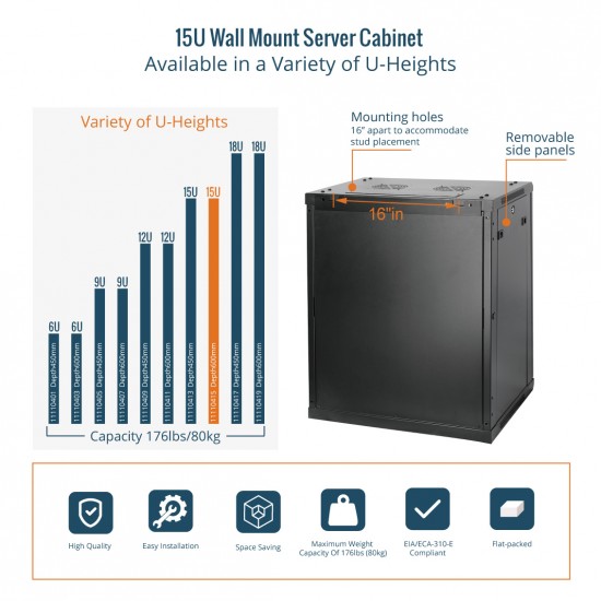 Elite 15U 600mm Depth Wall-Mount Cabinet, Glass Door Flat Pack
