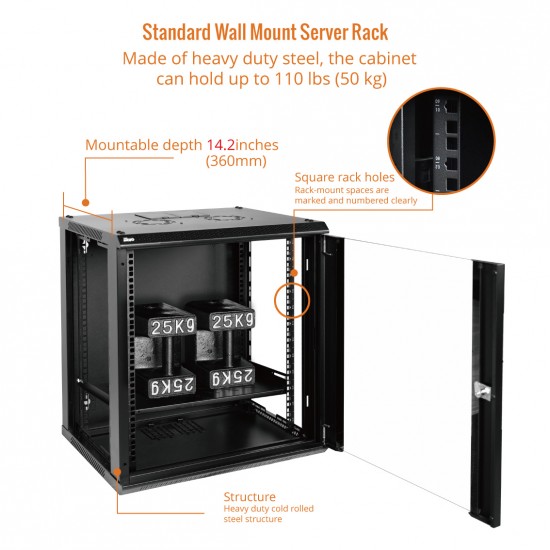 Standard 12U 450mm Depth Wall-mount Cabinet Glass Door Black Flat Pack
