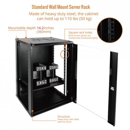 Standard 18U 450mm Depth  Wall-mount Cabinet Glass Door Black Flat Pack