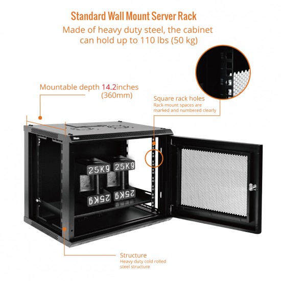 Standard 9U 450mm Depth Wall-mount Cabinet Mesh Door Black Flat Pack