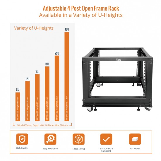  8U Open Frame Rack - 4 Post Adjustable Depth 22-40" Mobile type