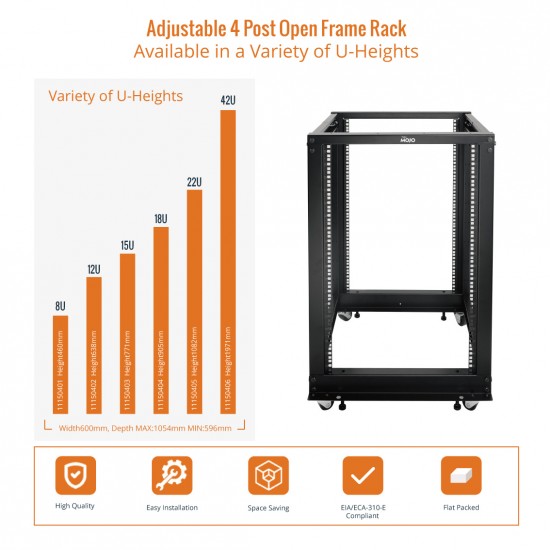 18U Open Frame Rack - 4 Post Adjustable Depth 22-40" Mobile type