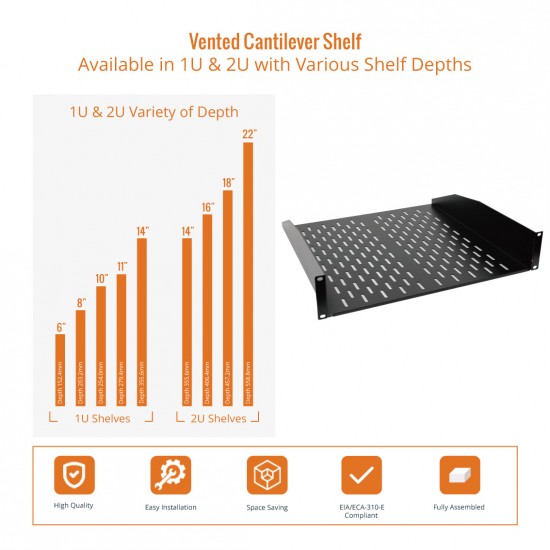 2U 18" Depth Vented Cantilever Shelf - Heavy Duty