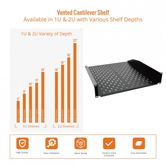 Tecmojo 2U 22" Depth Vented Cantilever Shelf - No Lip