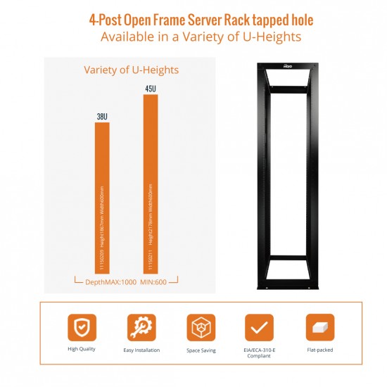 45U 4-Post Open Frame Server Rack tapped hole